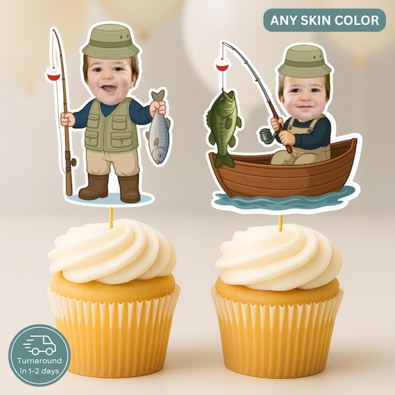 Fishing Cupcake Toppers with Photo Ofishally One 1st Birthday Party Decorations Personalized Fisherman Cupcake Topper Gone Fishing Party