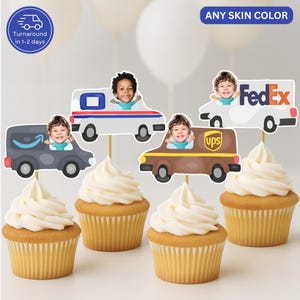 May include: Cupcakes with white frosting, decorated with toppers showing children in delivery vans. The toppers feature logos for USPS, Amazon, FedEx, and UPS. Text on the image reads "Turnaround in 1-2 days" and "Any Skin Color".