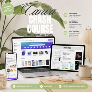 May include: A digital product guide titled Canva Crash Course with MRR and PLR resell rights, displayed on a laptop, tablet, and smartphone screen. The image includes text about photo grids, magic media, and video tutorials for design.