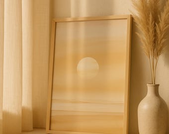 ゴールデンライト ウォールアート | ニュートラルなジャパンディ風景プリント | 温かみのあるベージュのミニマルなプリント装飾