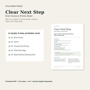 以下が含まれることがあります： Stillmind Pressによる「Clear Next Step Brain Dump & Priority Reset」と題された印刷可能なドキュメント。ページには、Brain Dump、Sort It、Choose One Priority、Clear Next Step、Reset Without Starting Overという5つのステップが記載されています。