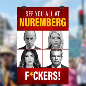 以下が含まれることがあります： 赤と黄色のデザインのポスターで、4つの白黒ポートレートと「SEE YOU ALL AT NUREMBERG」と「F*CKERS！」のテキストが特徴です。 ポスターは2つのペーパークリップで保持されています。