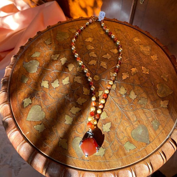 Sterling Silver Encased Natural Carnelian and Cream AA Shell pearls Beaded Necklace Affordable - Handmade
