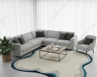 Moderner Teppich aus unregelmäßiger Form - Cremefarbener und blauer Teppich mit gewellter Kante