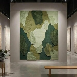 Alfombra con diseño de paisaje verde inspirado en la naturaleza, alfombra con parches de musgo en 3D, alfombra de pelo largo orgánica abstracta.