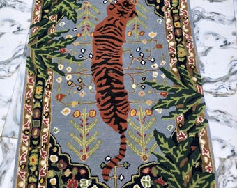 Handmade Wool Tiger Rug, Botanical Jungle Decor, Vintage Eclectic Area Rug
