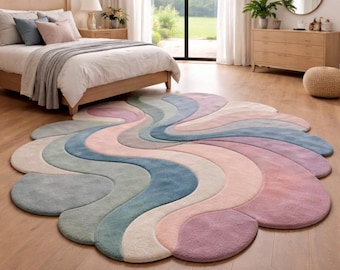 Alfombra con ondas de flores pastel: suave y abstracta, ideal para dormitorio, decoración moderna y acogedora.