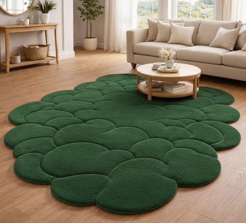 Puede incluir: Una alfombra verde oscuro con forma de nube. La alfombra est&aacute; hecha de un material suave y texturizado y tiene un dise&ntilde;o org&aacute;nico &uacute;nico. La alfombra est&aacute; colocada sobre un suelo de madera en un sal&oacute;n.