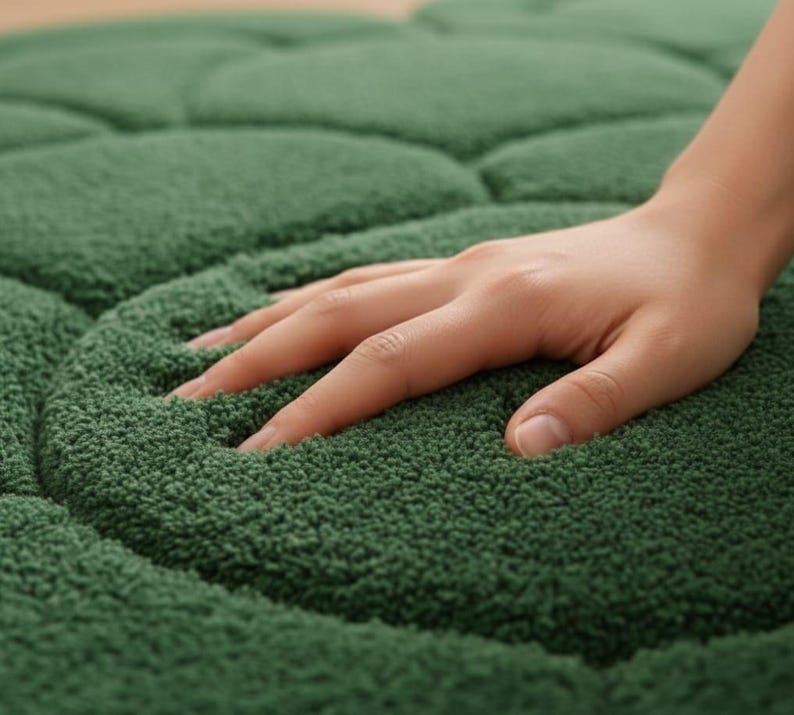 Puede incluir: Primer plano de una alfombra verde oscuro con un dise&ntilde;o texturizado y afelpado. La alfombra tiene un aspecto suave y acogedor, con una mano apoyada en su superficie, destacando su calidad t&aacute;ctil. El color de la alfombra es un verde bosque profundo.