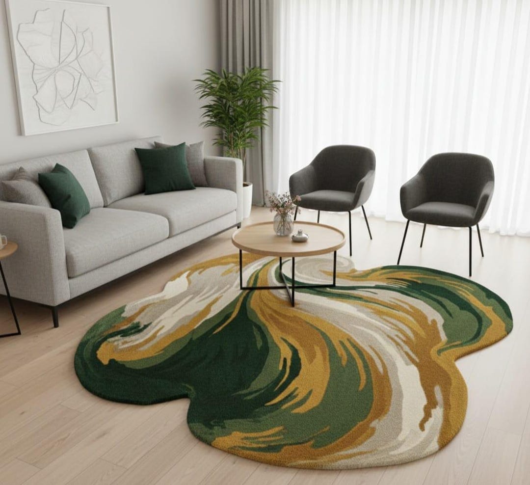 Hand Tufted Abstract Area Rug – Modern Organic Green Gold Cream Carpet ...