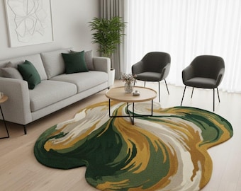 Alfombra abstracta tejida a mano – Moderna alfombra orgánica verde, dorada y crema