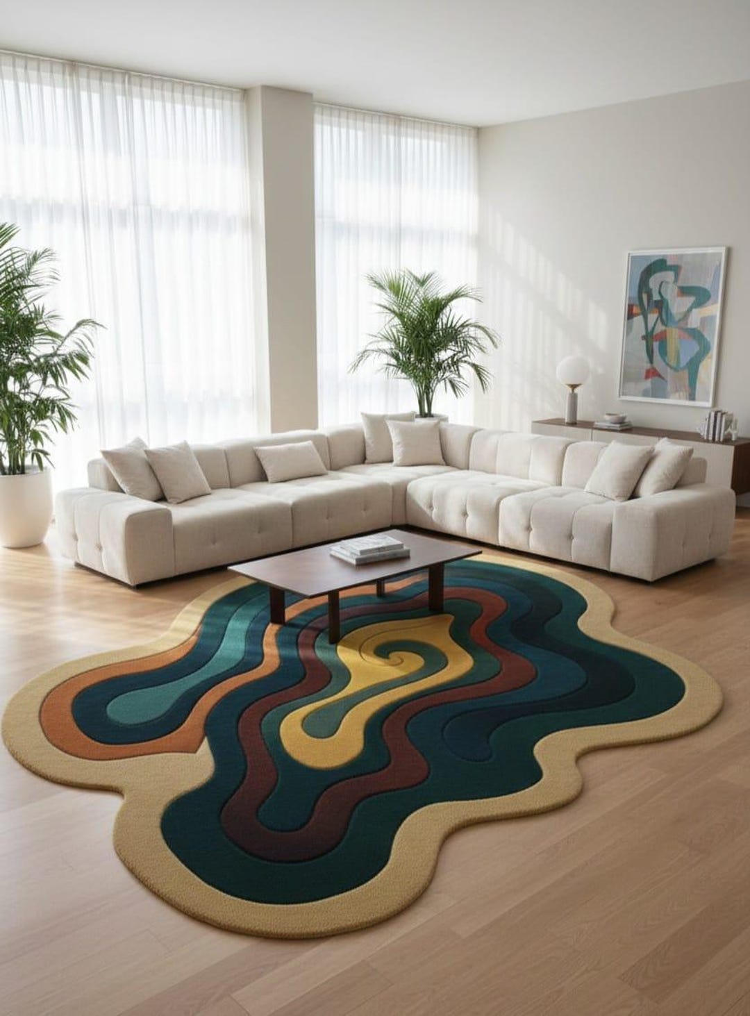 Hand Tufted Modern Abstract Wavy Area Rug – Colorful Organic Shape ...