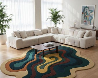 Hand Tufted Modern Abstract Wavy Area Rug – Colorful Organic Shape Carpet for Living Room