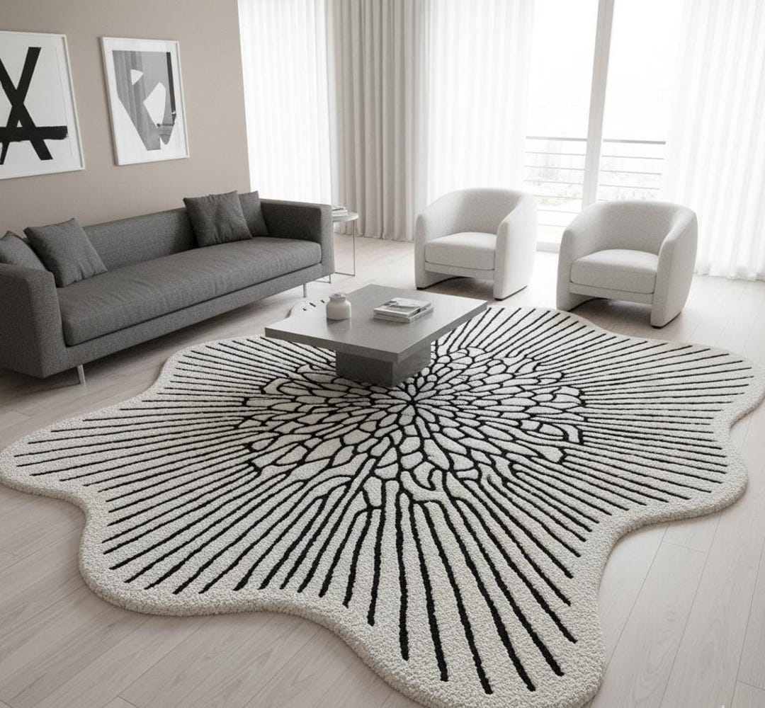 Modern Irregular Rug Modern Irregular Shape Rug, Black & White Floral Pattern Carpet, Custom ...
