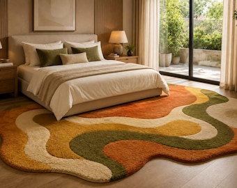 Alfombra abstracta hecha a mano de lana de Nueva Zelanda, forma orgánica ondulada, alfombra moderna de estilo bohemio para sala de estar.