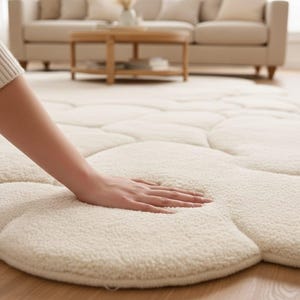 Puede incluir: Alfombra crema con forma de flor y superficie suave y texturizada. La alfombra est&aacute; hecha de un material afelpado y est&aacute; colocada sobre un suelo de madera. Una mano toca la alfombra, resaltando su textura. La alfombra est&aacute; en un sal&oacute;n.