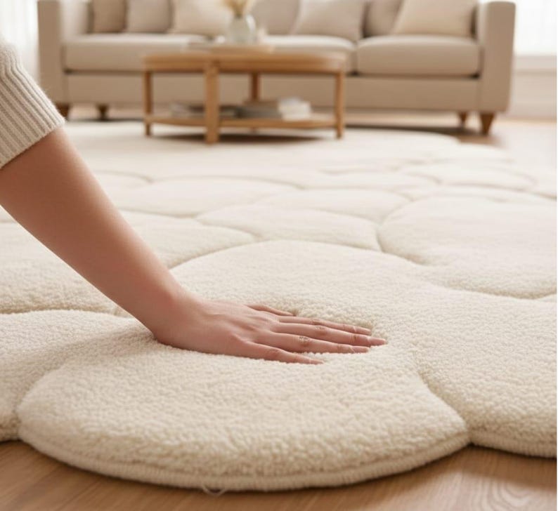 Puede incluir: Alfombra crema con forma de flor y superficie suave y texturizada. La alfombra est&aacute; hecha de un material afelpado y est&aacute; colocada sobre un suelo de madera. Una mano toca la alfombra, resaltando su textura. La alfombra est&aacute; en un sal&oacute;n.