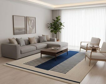 Modern blå & beige geometrisk matta – minimalistisk skandinavisk vardagsrumsmatta