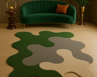 Modern Abstract Blob Rug – Irregular Shape Area Rug, Green & Neutral Tones Carpet