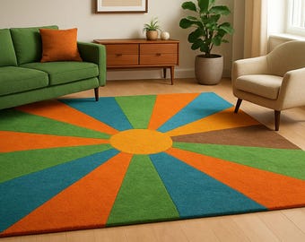 Tapete Retro Sunburst – Tapete colorido de estilo moderno de meados do século XX, tapete geométrico arrojado para sala de estar.