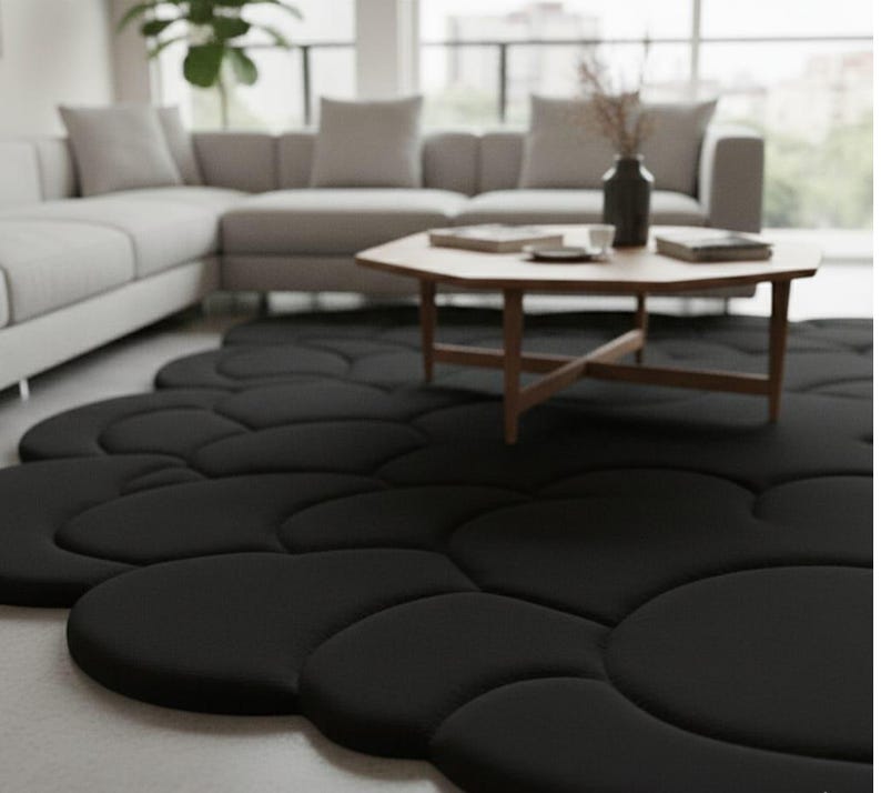 Puede incluir: Una alfombra negra con forma de nube y superficie suave y texturizada. La alfombra est&aacute; colocada sobre un suelo de color claro en un sal&oacute;n. Una mesa de centro de madera y un sof&aacute; seccional gris est&aacute;n en el fondo.