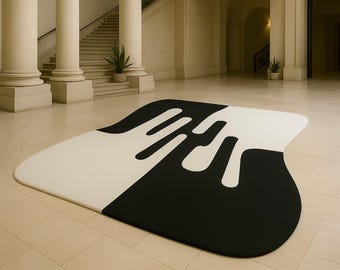 Alfombra abstracta moderna en blanco y negro: alfombra con formas artísticas irregulares