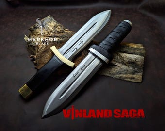 Dagas Thorfinn de la saga Vinland hechas a mano: réplica de acero D2 de anime con funda de cuero