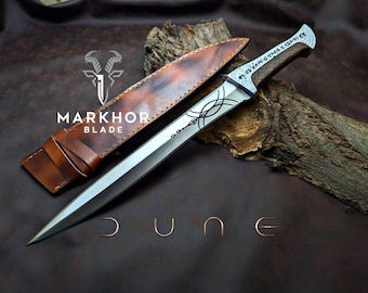 Handgefertigte Crysknife-Replika: Kurzschwert aus Kohlenstoffstahl aus dem Film Dune mit Lederscheide