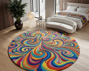 Colorful Round Rug, Hand Tufted Wool Rug, Abstract Swirl Rug, Multicolor Area Rug, Boho Modern Decor, Psychedelic Round Carpet