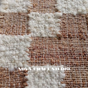 Handwoven Wool & Jute Checkered Rug | Natural Boho Area Rug | Textured Neutral Carpet | Eco-Friendly Handmade Dhurrie,Rustic Farmhouse Decor