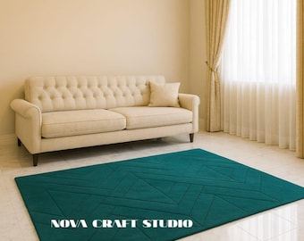 Luxe handgetuft blauwgroen wollen vloerkleed | Modern geometrisch tapijt | Handgemaakt tapijt van Nieuw-Zeelandse wol | Aangepaste woonkamer- en slaapkamerdecoratie