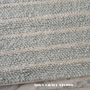 Handwoven Sky Blue Wool Rug | Textured Striped Carpet Living Room Bedroom | Modern Flatweave Area Rug | Custom Size Neutral Handmade Carpet