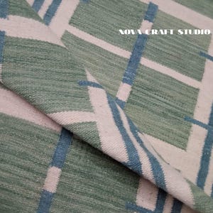 Green & Blue Geometric Flat Weave Rug, Handwoven Cotton Kilim Dhurrie Carpet, Modern Area Rug,Boho Floor Mat,Custom Size Rug for Living Room
