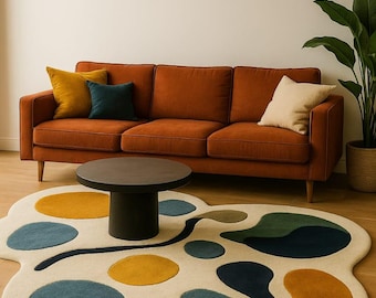 Alfombra abstracta tejida a mano de lana de Nueva Zelanda / Alfombra moderna esculpida / Alfombra contemporánea con formas orgánicas para sala de estar