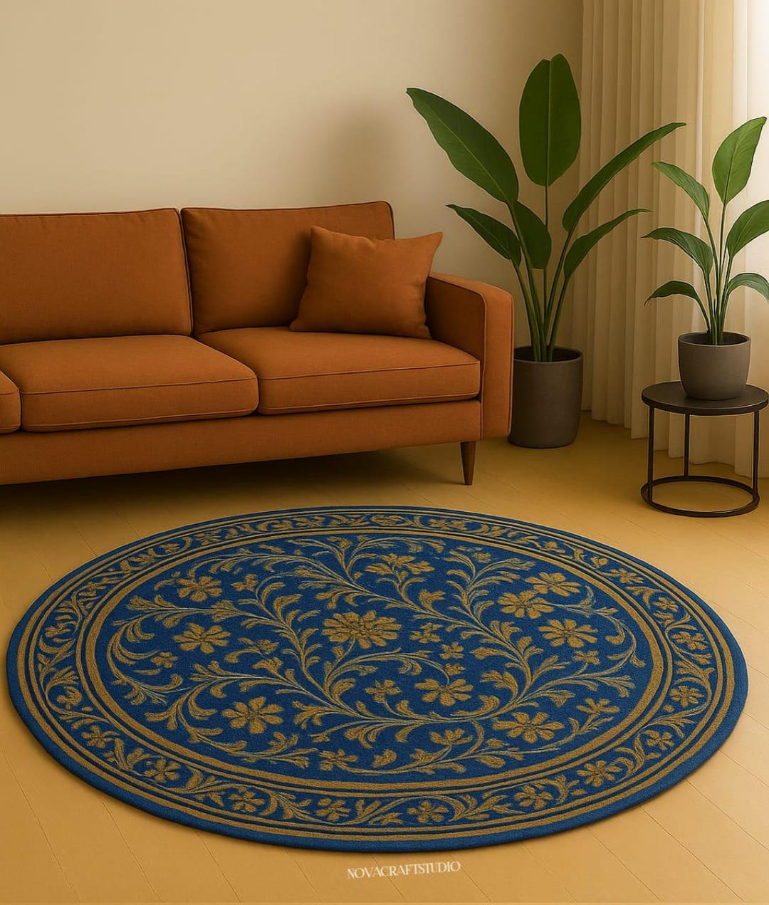 Round Blue Floral Hand Tufted Rug |luxury Indian Wool Carpet for Living ...