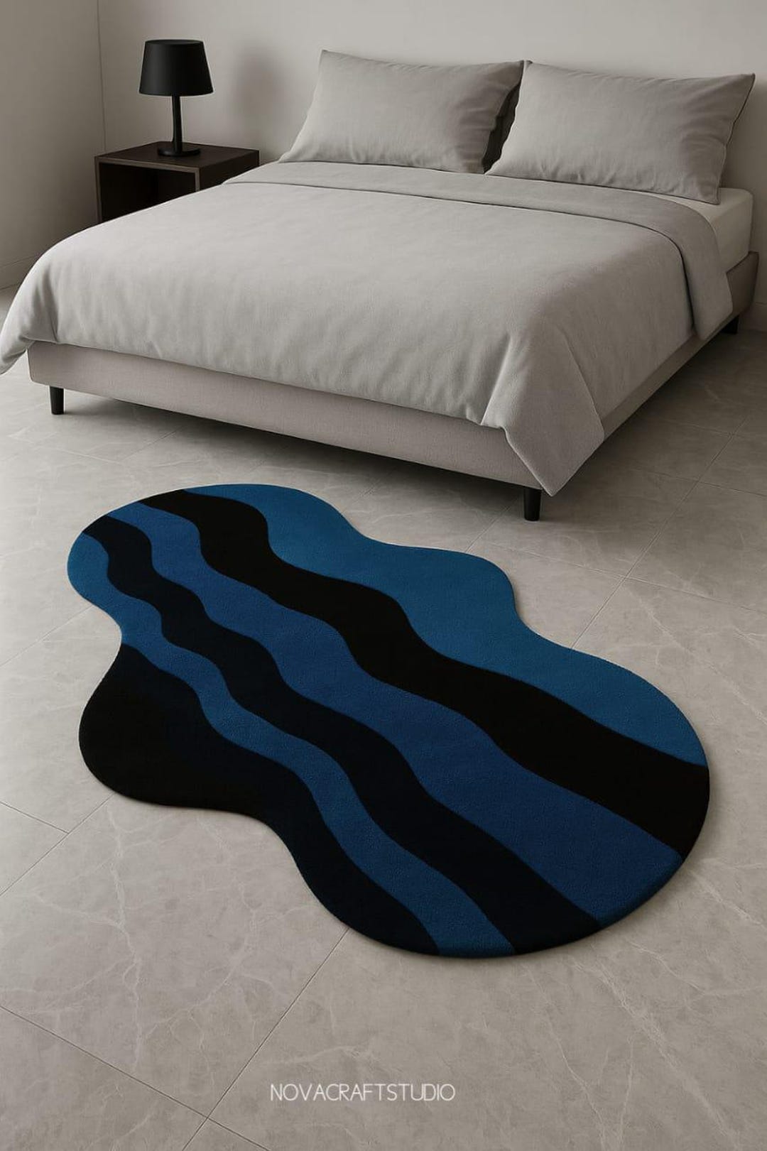 Hand Tufted Wavy Abstract Rug Blue & Black | Modern Irregular Shape ...