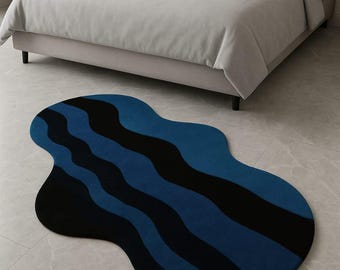 Hand Tufted Wavy Abstract Rug Blue & Black | Modern Irregular Shape Carpet for Bedroom and Living Room | Contemporary Home Decor