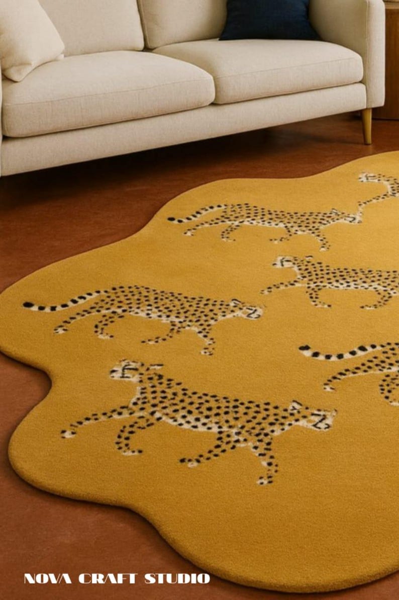 Cheetah Safari Rug – Hand Tufted Wool Carpet in Mustard Yellow, Wild ...