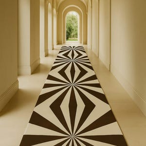 May include: A long, geometric patterned rug in a hallway. The rug features a repeating design of brown and cream-colored shapes. The hallway has arched doorways and a neutral color palette, creating a modern aesthetic.