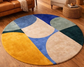 Alfombra de diseño moderno / Alfombra redonda de lana con mechones hechos a mano - Alfombra geométrica abstracta, color azul, beige y mostaza, para sala de estar