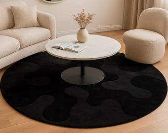 Black & Grey Round Rug | Abstract Hand-Tufted Carpet | Luxury Minimalist Living Room Rug | Designer Circular Wool Area Rug