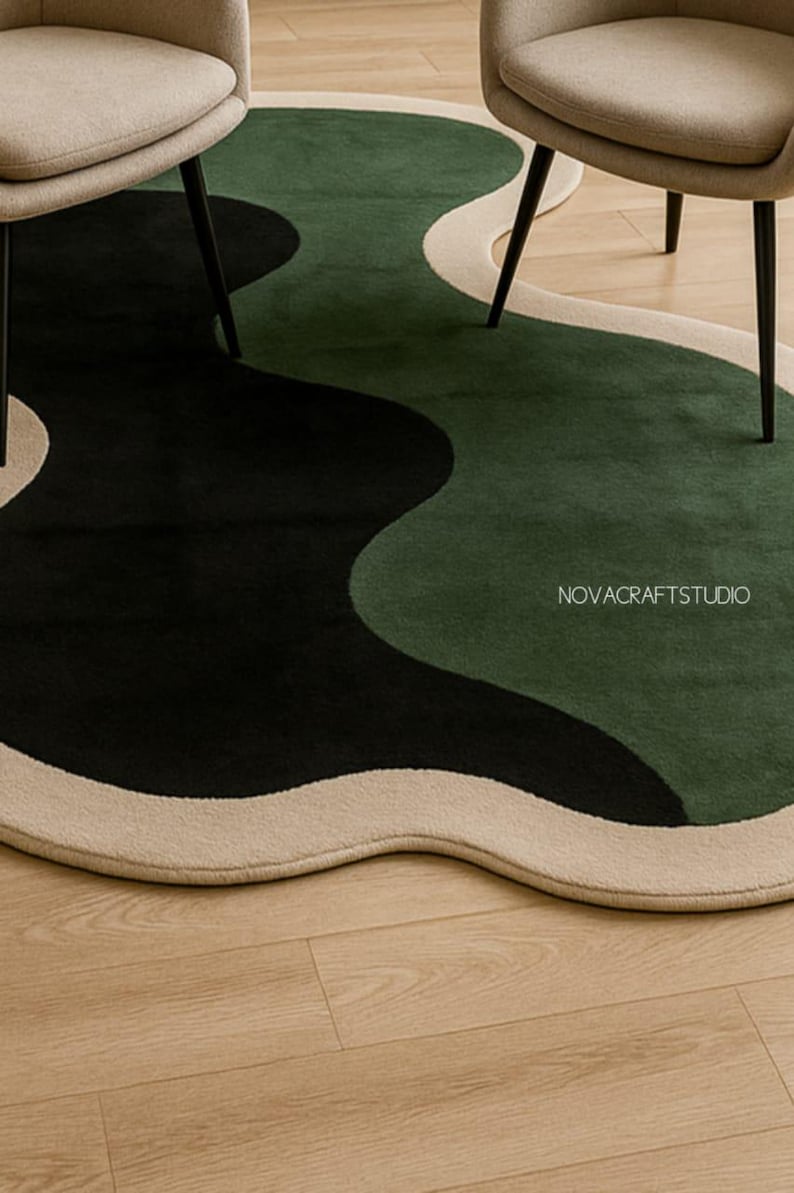 Modern Irregular Shape Hand Tufted Rug | Green Black Abstract Carpet ...