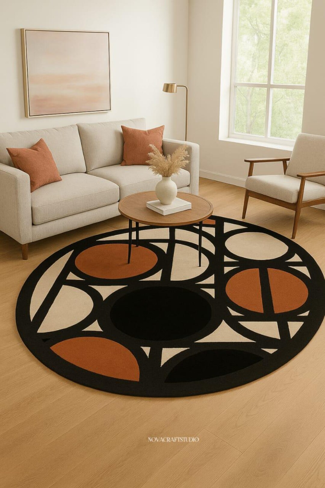Geometric Round Hand-tufted Rug | Black Beige Rust Circle Pattern ...