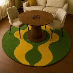 Handmade Round Green & Yellow Wave Rug – Hand-Tufted Wool Carpet,Abstract Circular Area Rug, Mid-Century Modern Living Room Handmade Rug