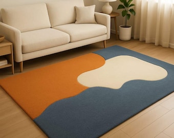 Abstract Hand Tufted Wool Rug | Blue Orange Cream Geometric Area Carpet | Contemporary Minimalist Living Room Rug | Designer Floor Decor Rug