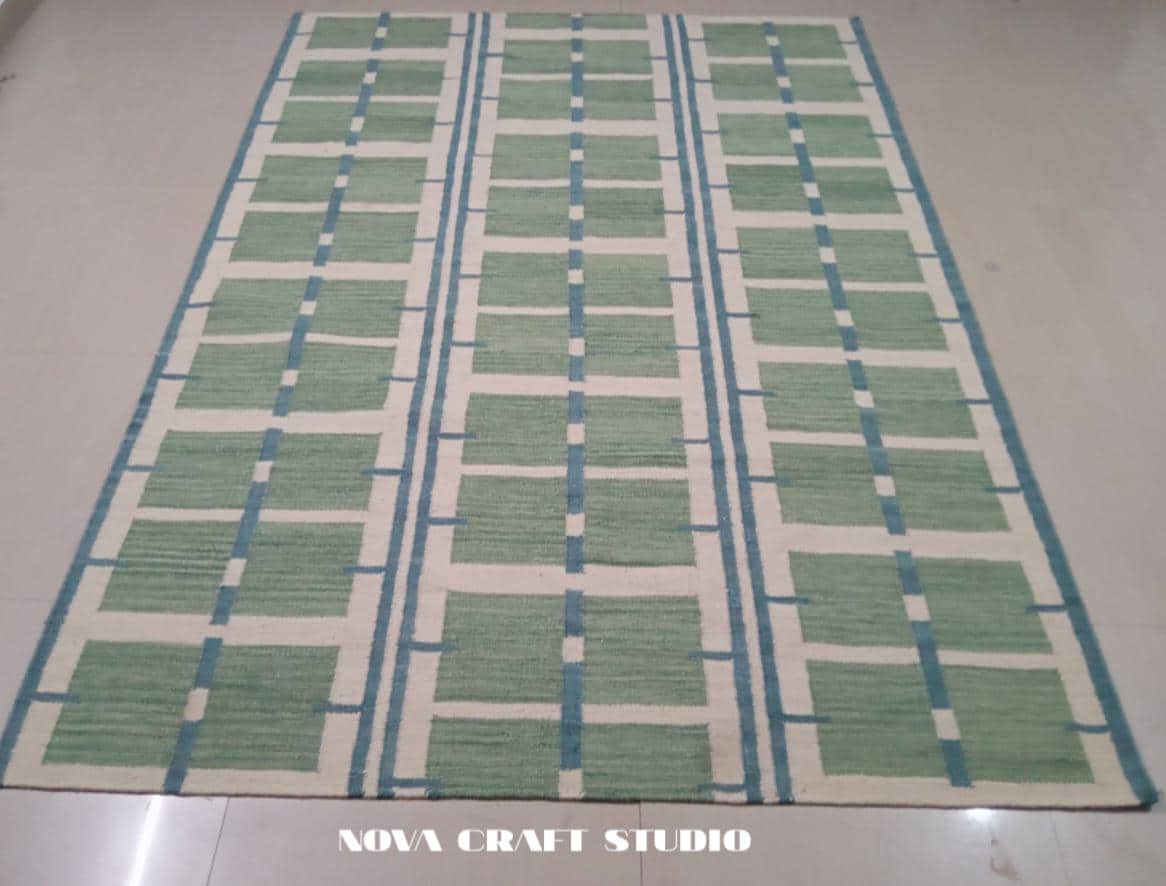 Green & Blue Geometric Flat Weave Rug, Handwoven Cotton Kilim Dhurrie ...