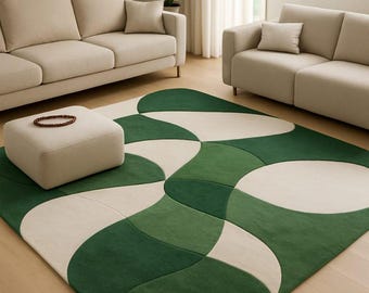 Lyxig handtuftad abstrakt matta i grönt och vitt | 100 % nyzeeländsk ullmatta | Modern geometrisk designermatta för vardagsrum och sovrum