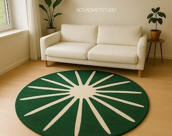 Modern Green Round Hand Tufted Rug | Minimalist Sunburst Carpet | Scandinavian Living Room Decor | Custom Wool Area Rug