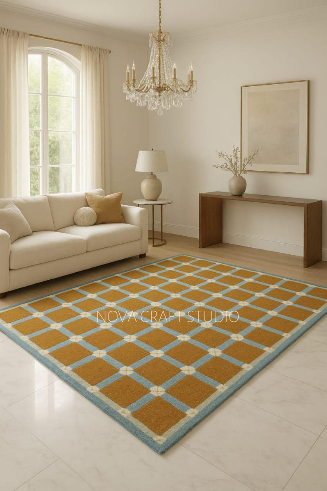 New Zealand Wool Hand Tufted Rug 8x10 – Modern Geometric Check Carpet ...