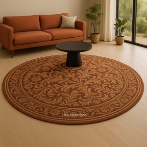 Tapete redondo marrom ferrugem tufado à mão | Tapete com estampa floral | Decoração de piso para sala de estar | Tapete redondo moderno de lã macia